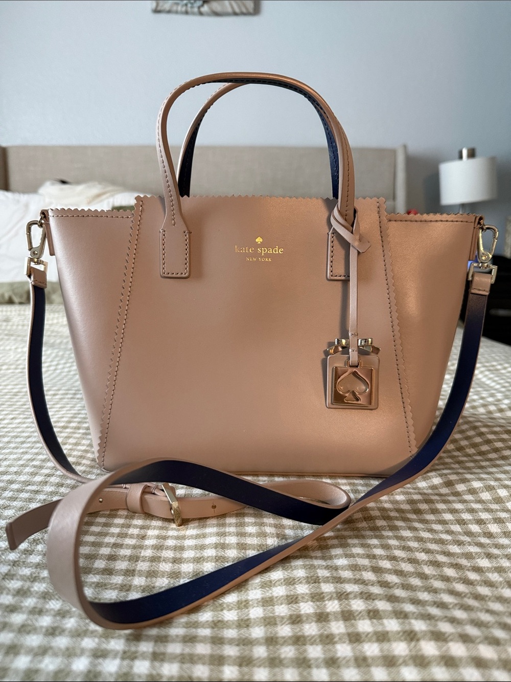 Kate Spade Blush Tan Tote with Navy Strap and Charm